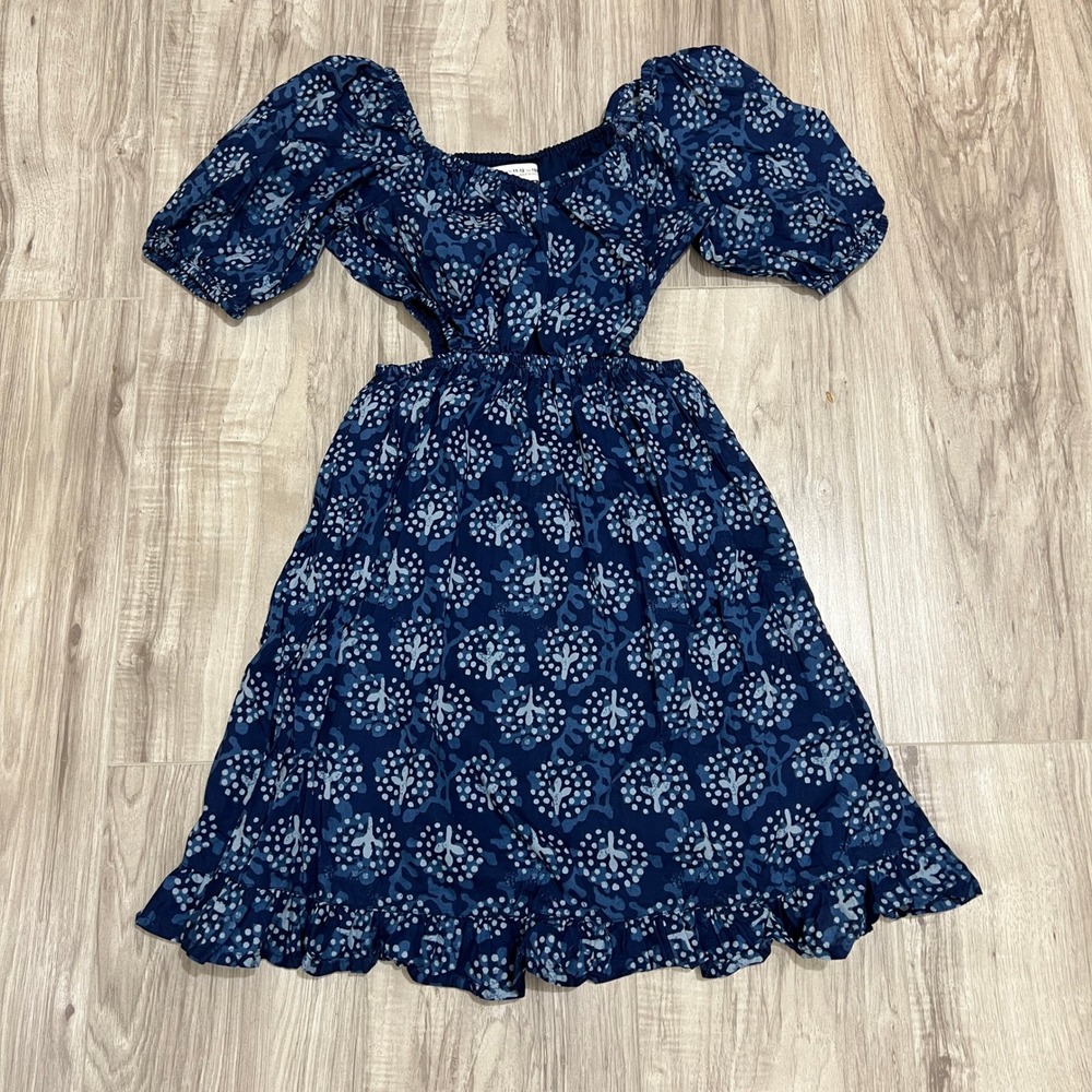 Zara Kids Girls Cutout Waist Puff Sleeve Floral Print Dress Navy Blue Size 11-12
